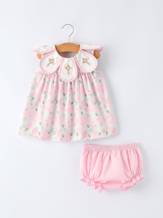 Petal Peter Pan Collar Christ Bishop Christening Baby Girls Bloomer Set - Abbies Place