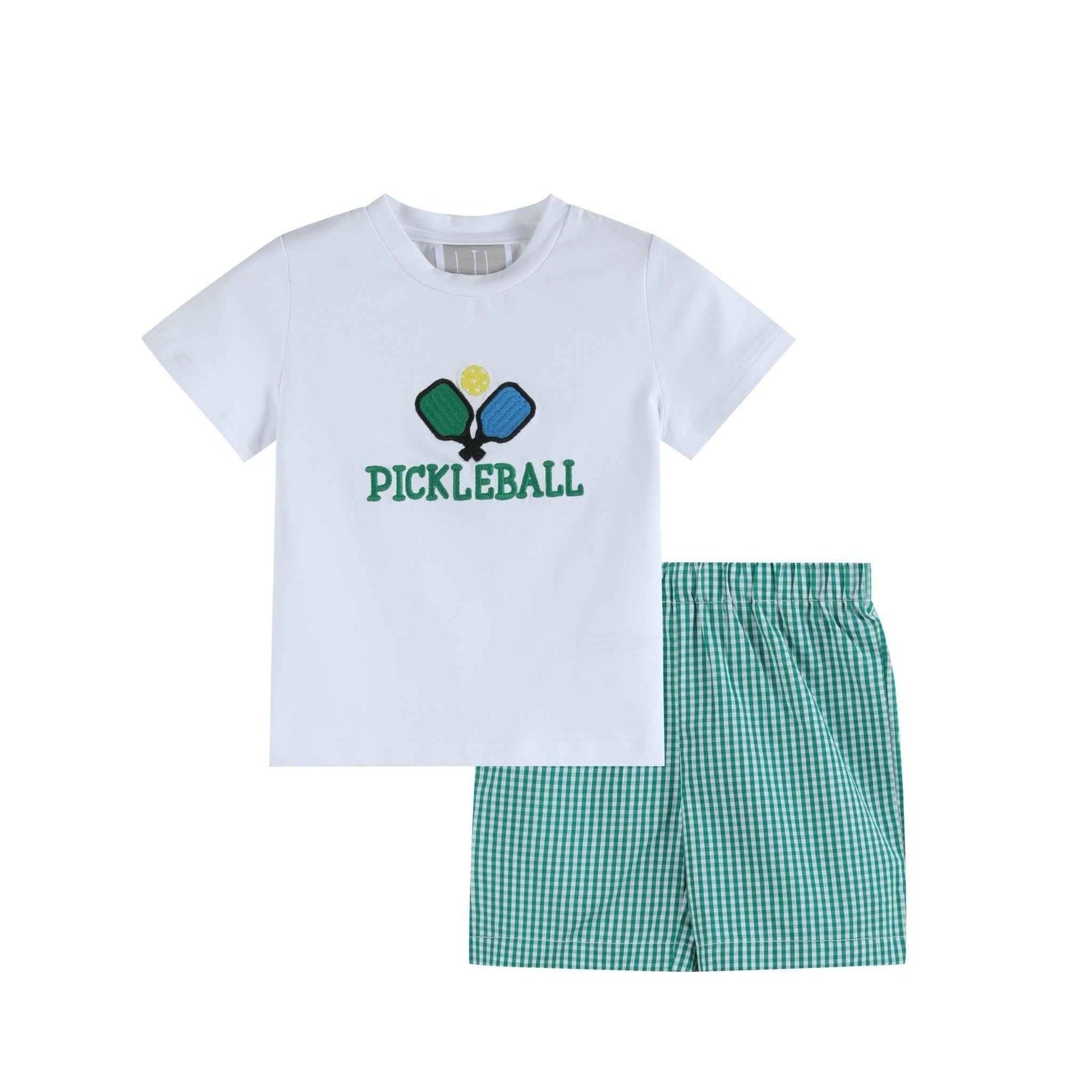 Pickleball T-Shirt and Green Gingham Shorts Set - Abbies Place
