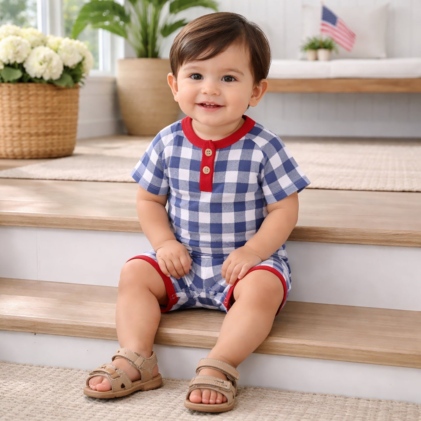 Picnic Plaid Bamboo Henley Shortall Romper for Baby Boys - Abbies Place