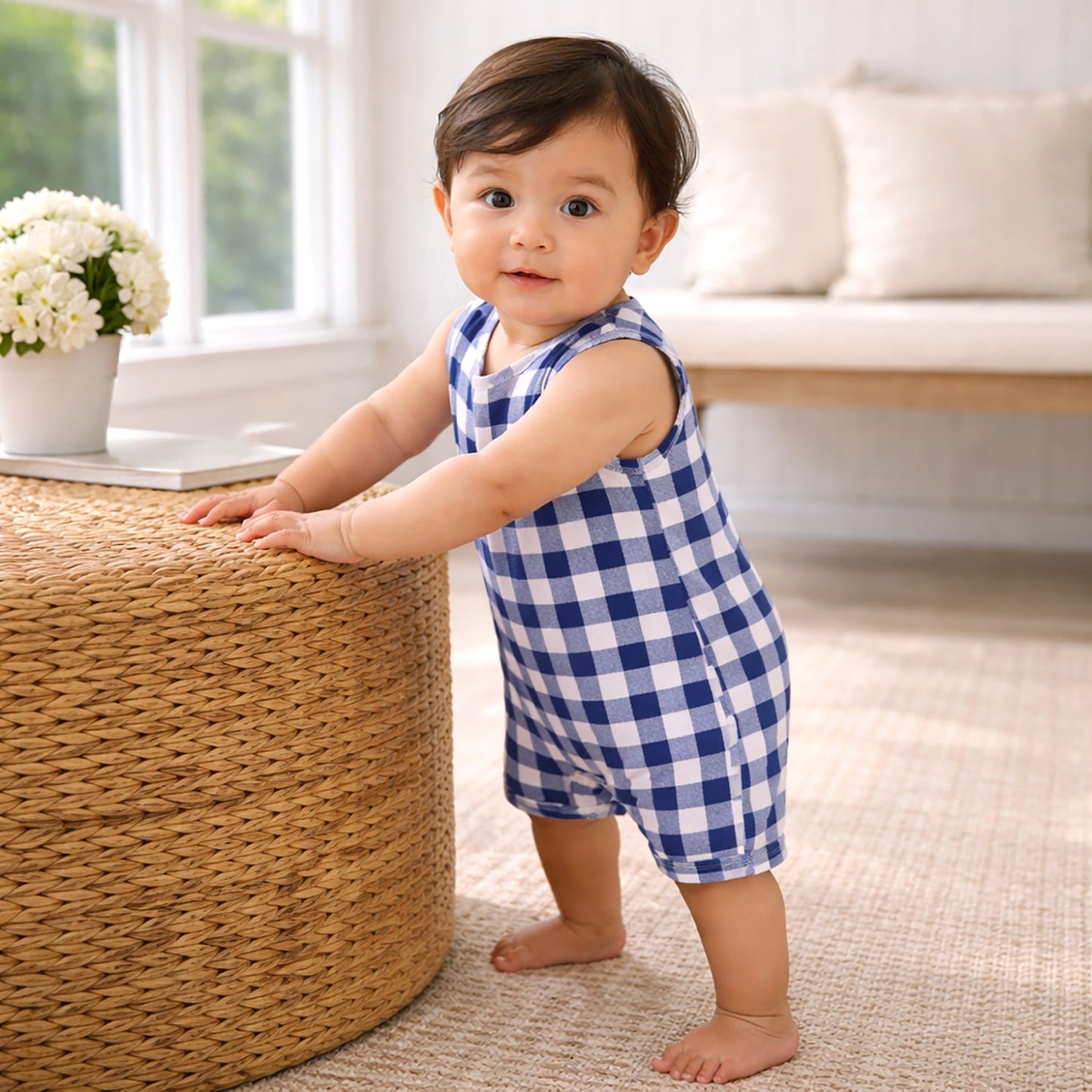 Picnic Plaid Soft Bamboo Sleeveless Baby Shortall Romper - Abbies Place