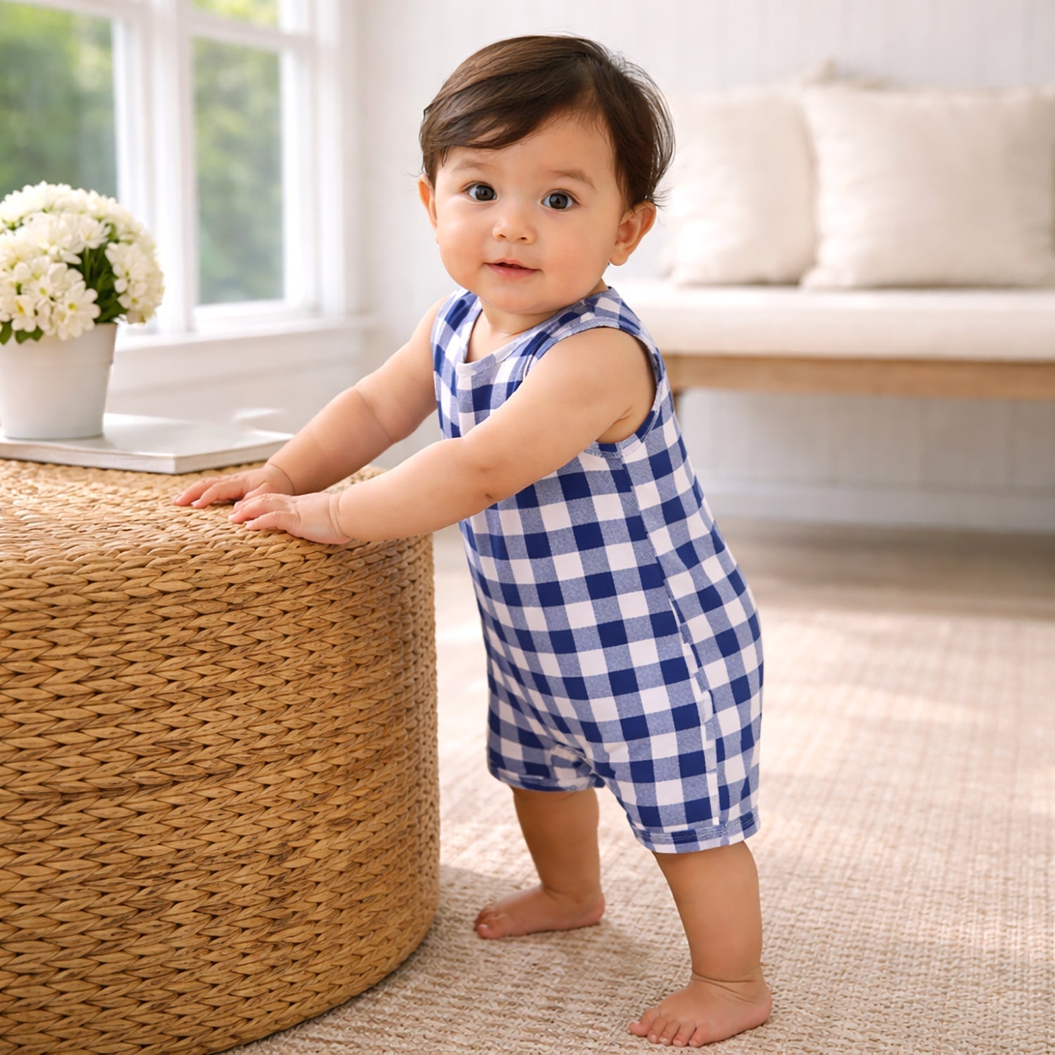 Picnic Plaid Soft Bamboo Sleeveless Baby Shortall Romper - Abbies Place