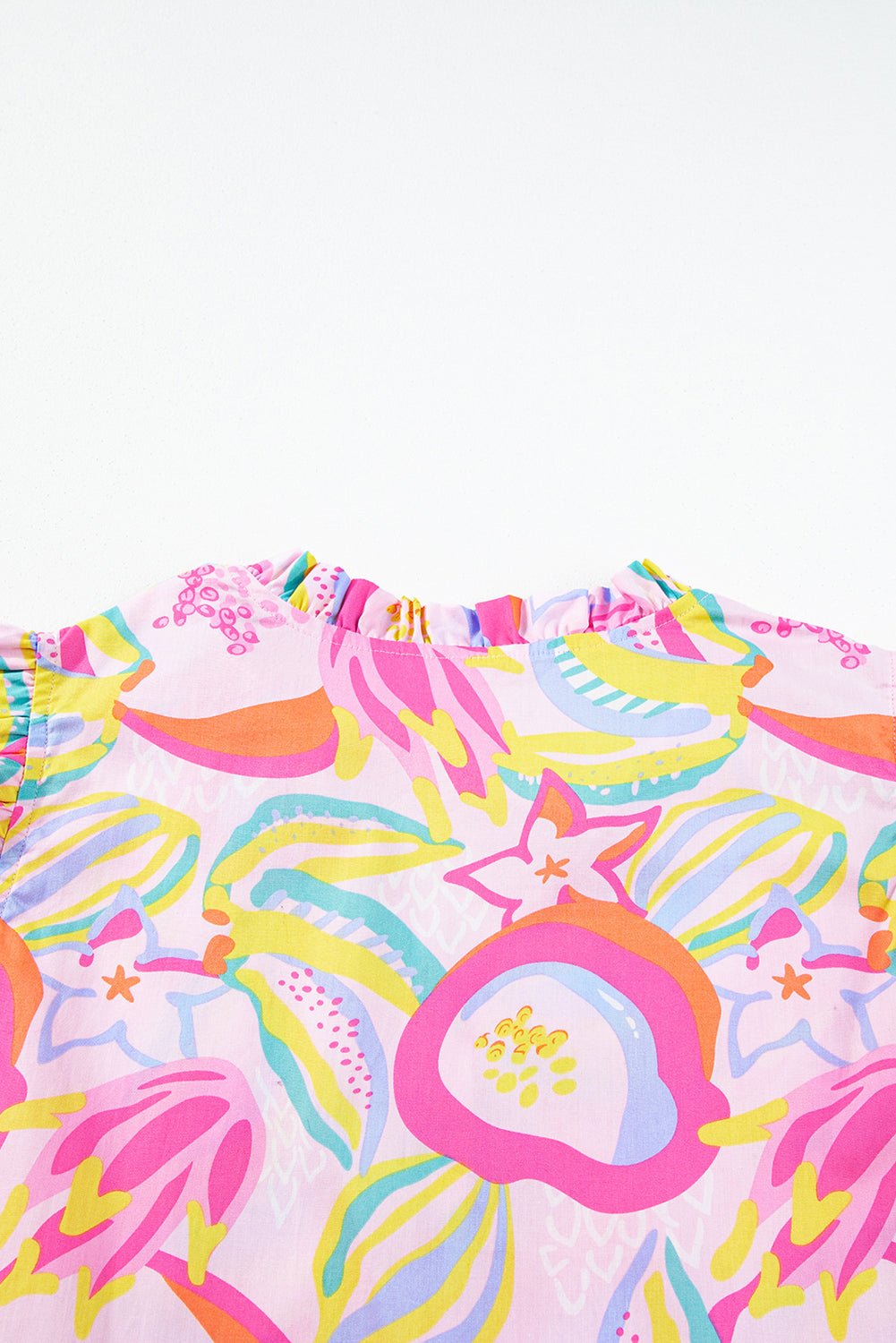 Pink Abstract Floral Ruffle Trim Flutter Sleeve Buttoned Dress - Abbies Place