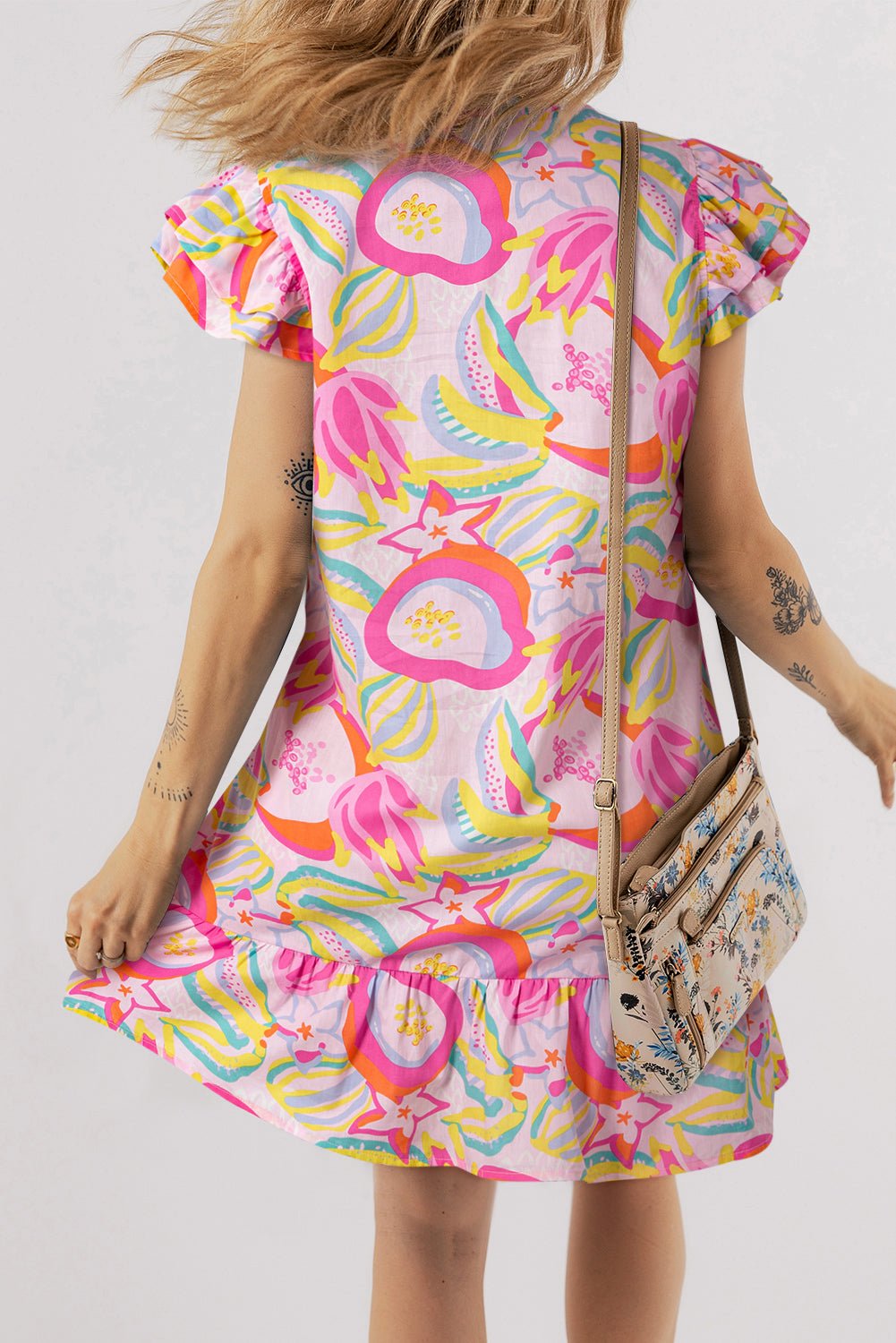 Pink Abstract Floral Ruffle Trim Flutter Sleeve Buttoned Dress - Abbies Place