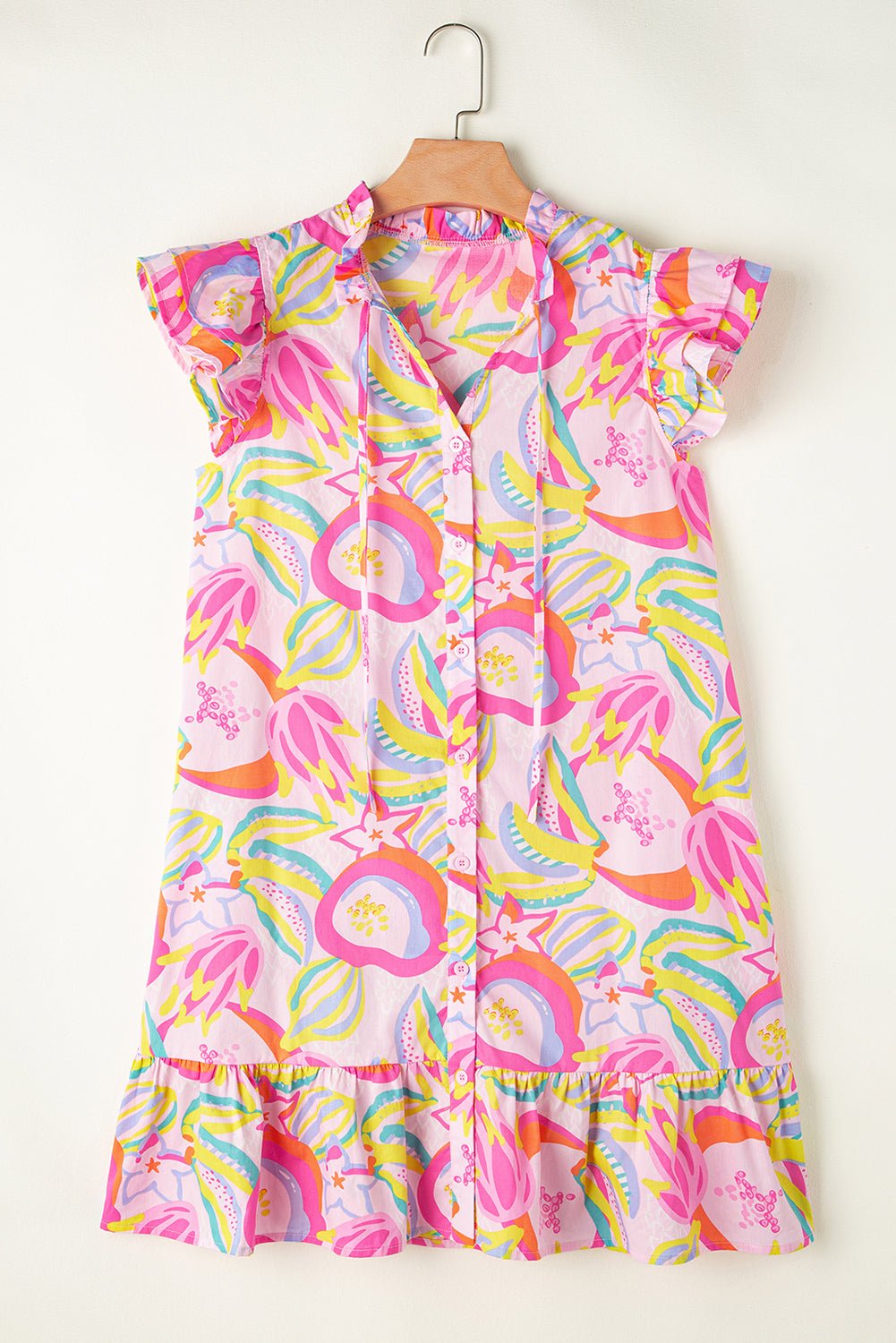 Pink Abstract Floral Ruffle Trim Flutter Sleeve Buttoned Dress - Abbies Place