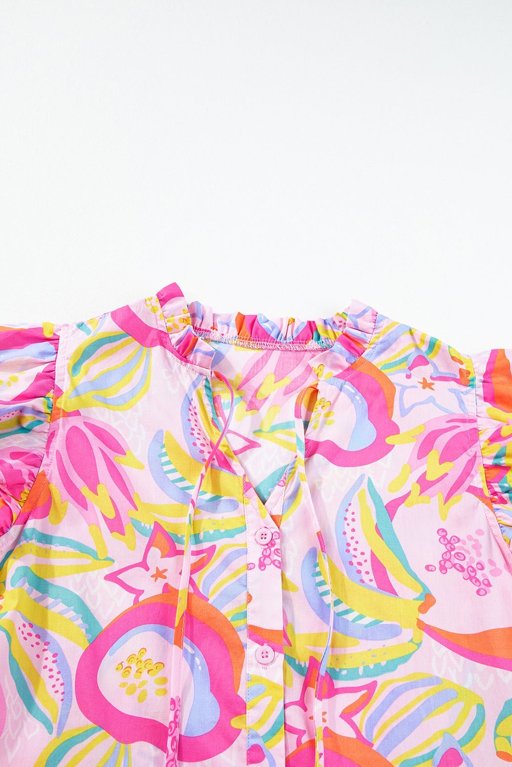 Pink Abstract Floral Ruffle Trim Flutter Sleeve Buttoned Dress - Abbies Place