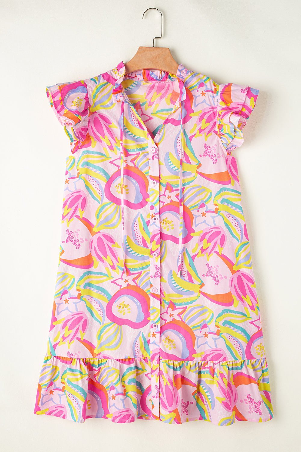 Pink Abstract Floral Ruffle Trim Flutter Sleeve Buttoned Dress - Abbies Place