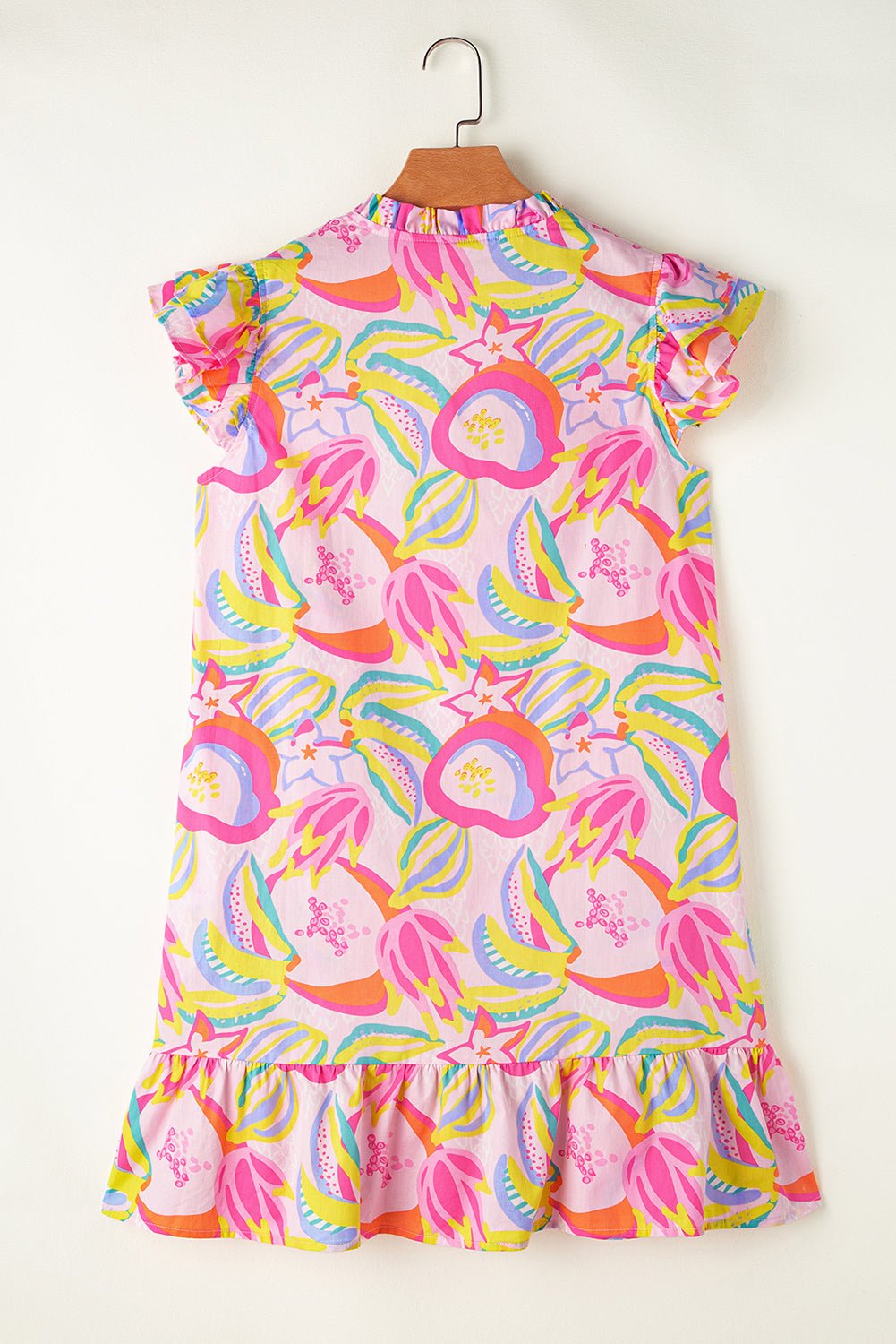 Pink Abstract Floral Ruffle Trim Flutter Sleeve Buttoned Dress - Abbies Place
