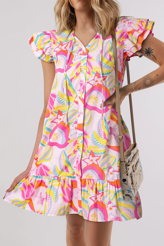 Pink Abstract Floral Ruffle Trim Flutter Sleeve Buttoned Dress - Abbies Place