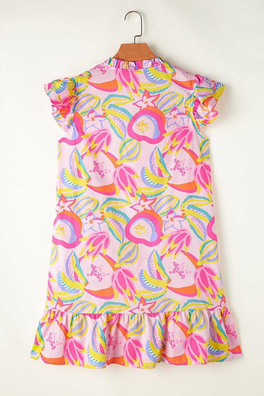 Pink Abstract Floral Ruffle Trim Flutter Sleeve Buttoned Dress - Abbies Place