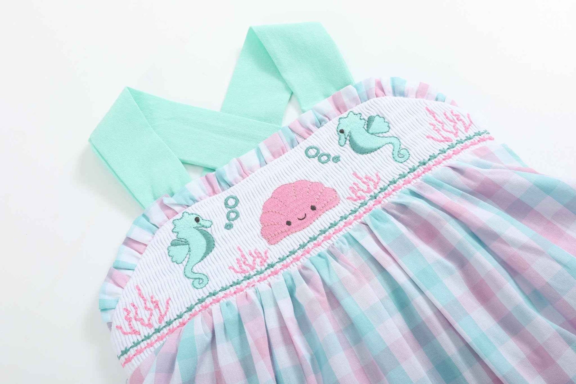 Pink and Aqua Seashell Smocked Sundress - Abbies Place