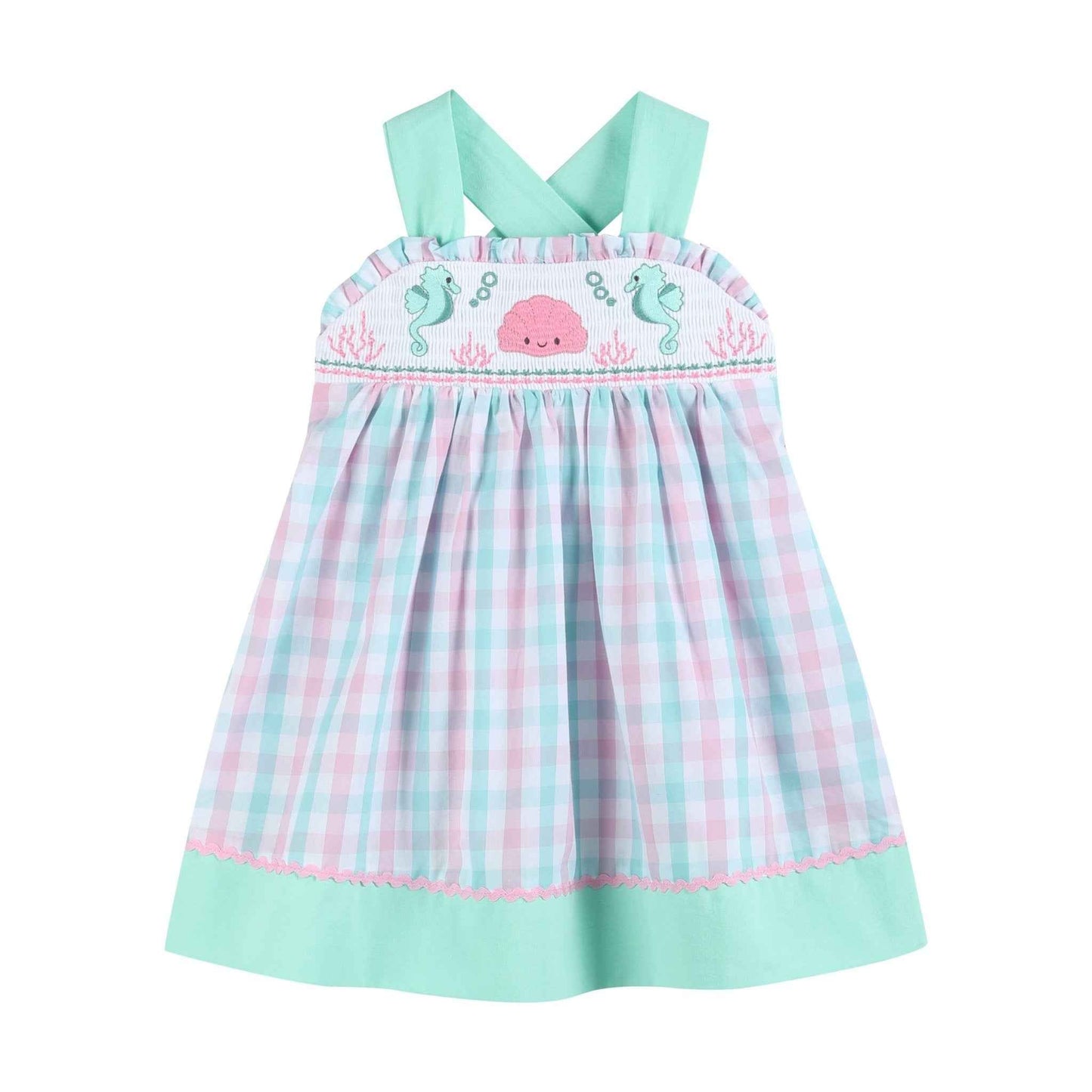 Pink and Aqua Seashell Smocked Sundress - Abbies Place