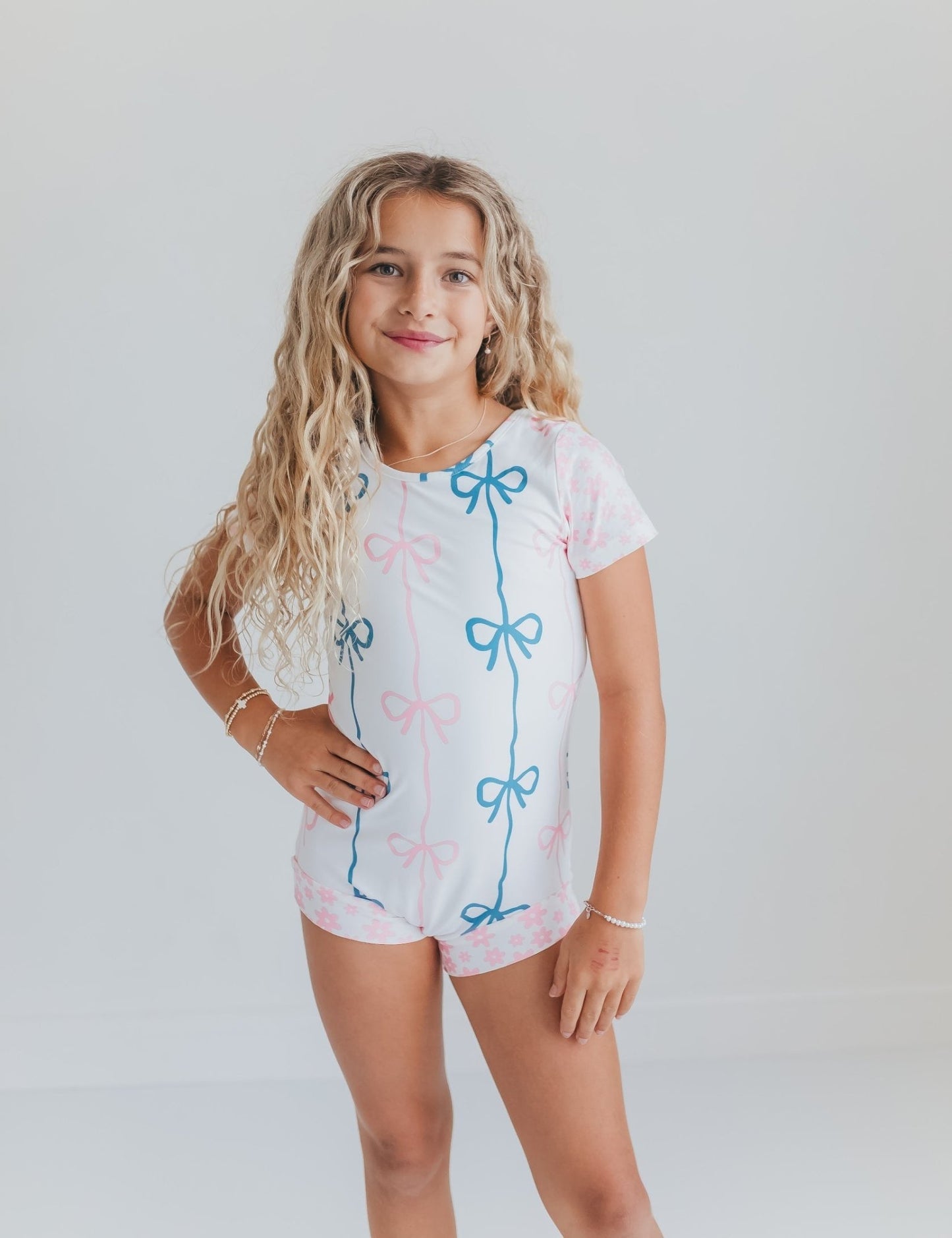 Pink and Blue Bow Shortie Leotard - Abbies Place