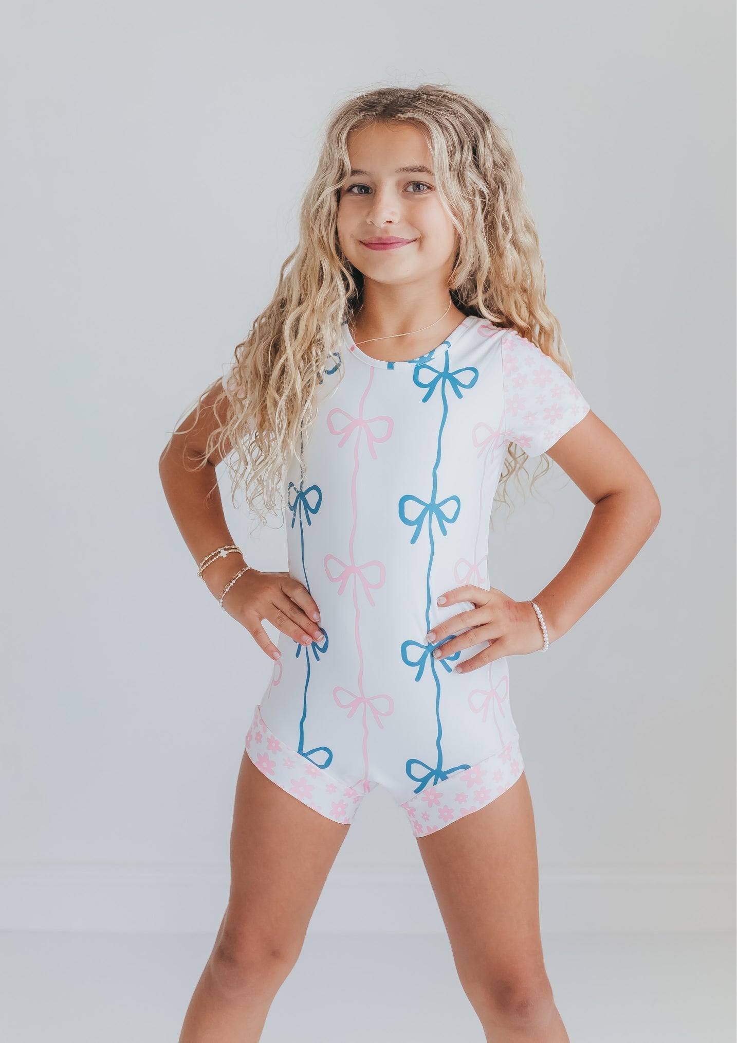 Pink and Blue Bow Shortie Leotard - Abbies Place
