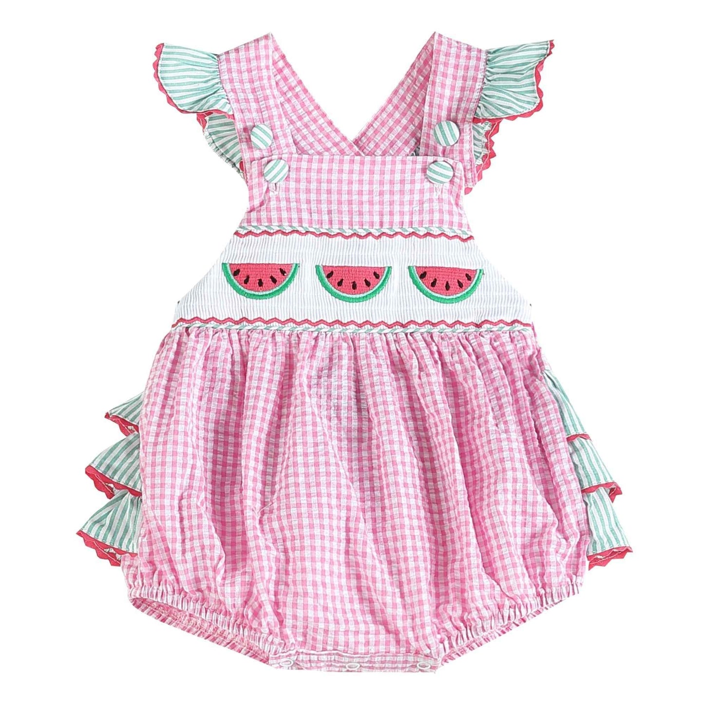Pink and Green Watermelon Smocked Bubble Ruffle Romper - Abbies Place