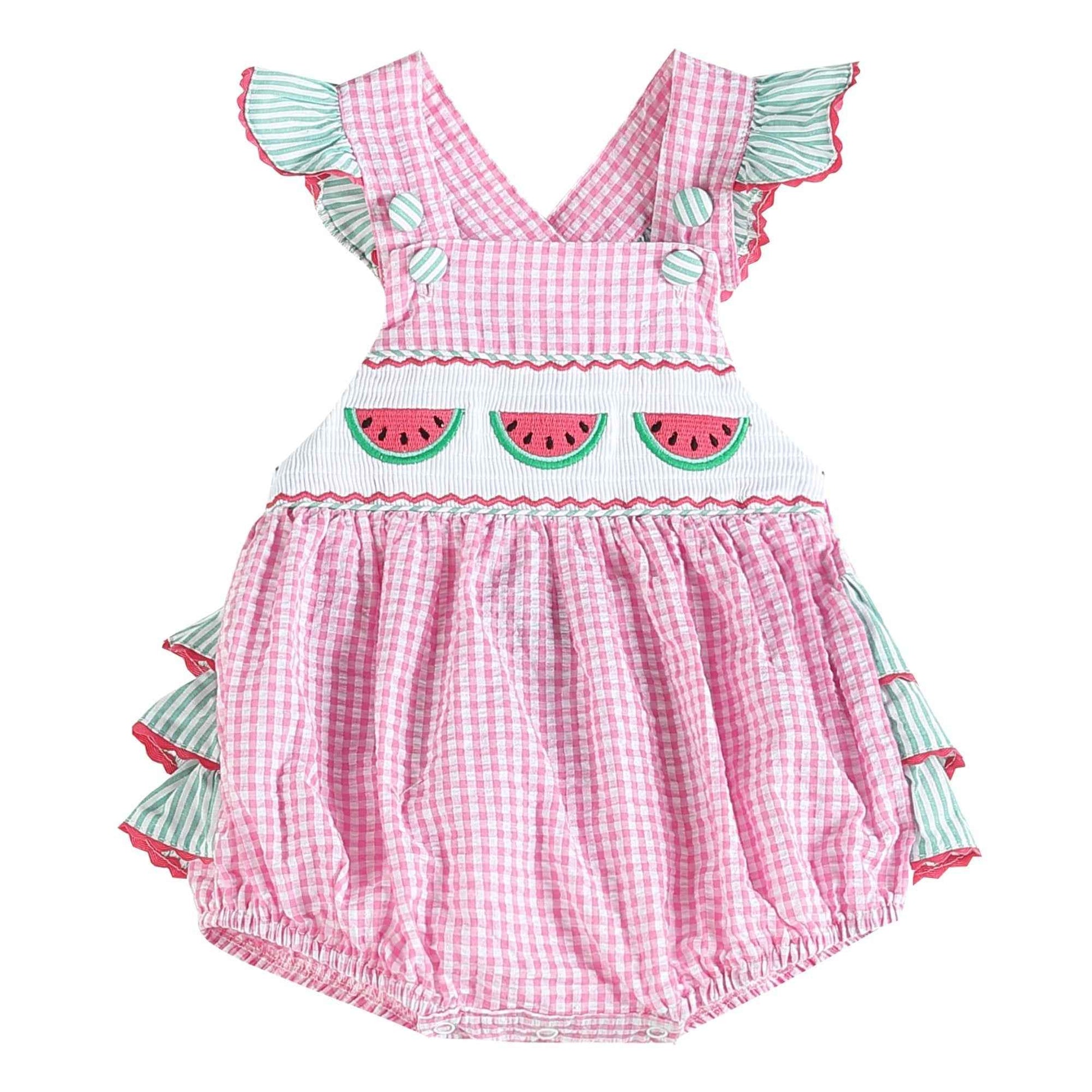 Pink and Green Watermelon Smocked Bubble Ruffle Romper - Abbies Place