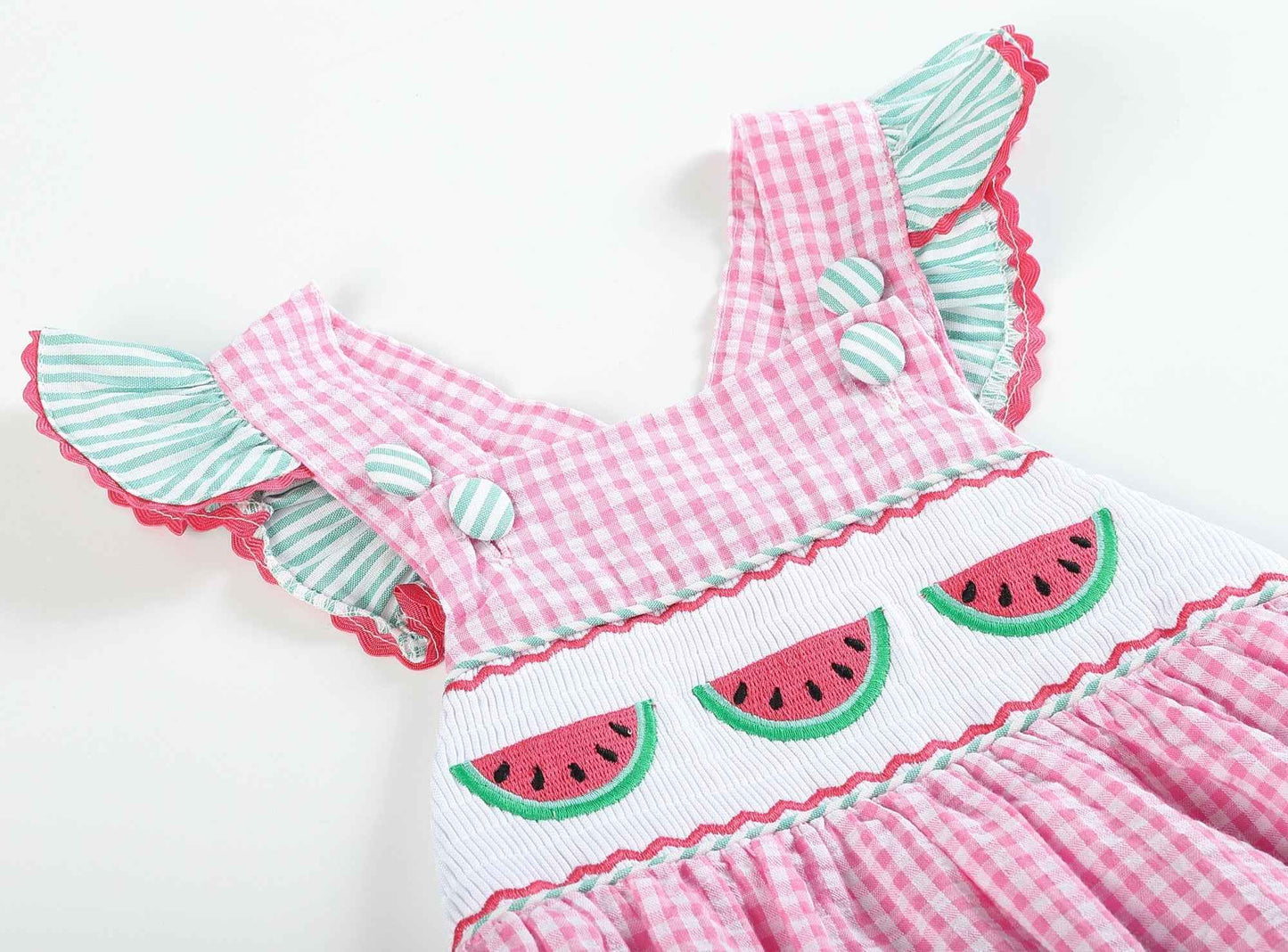 Pink and Green Watermelon Smocked Bubble Ruffle Romper - Abbies Place