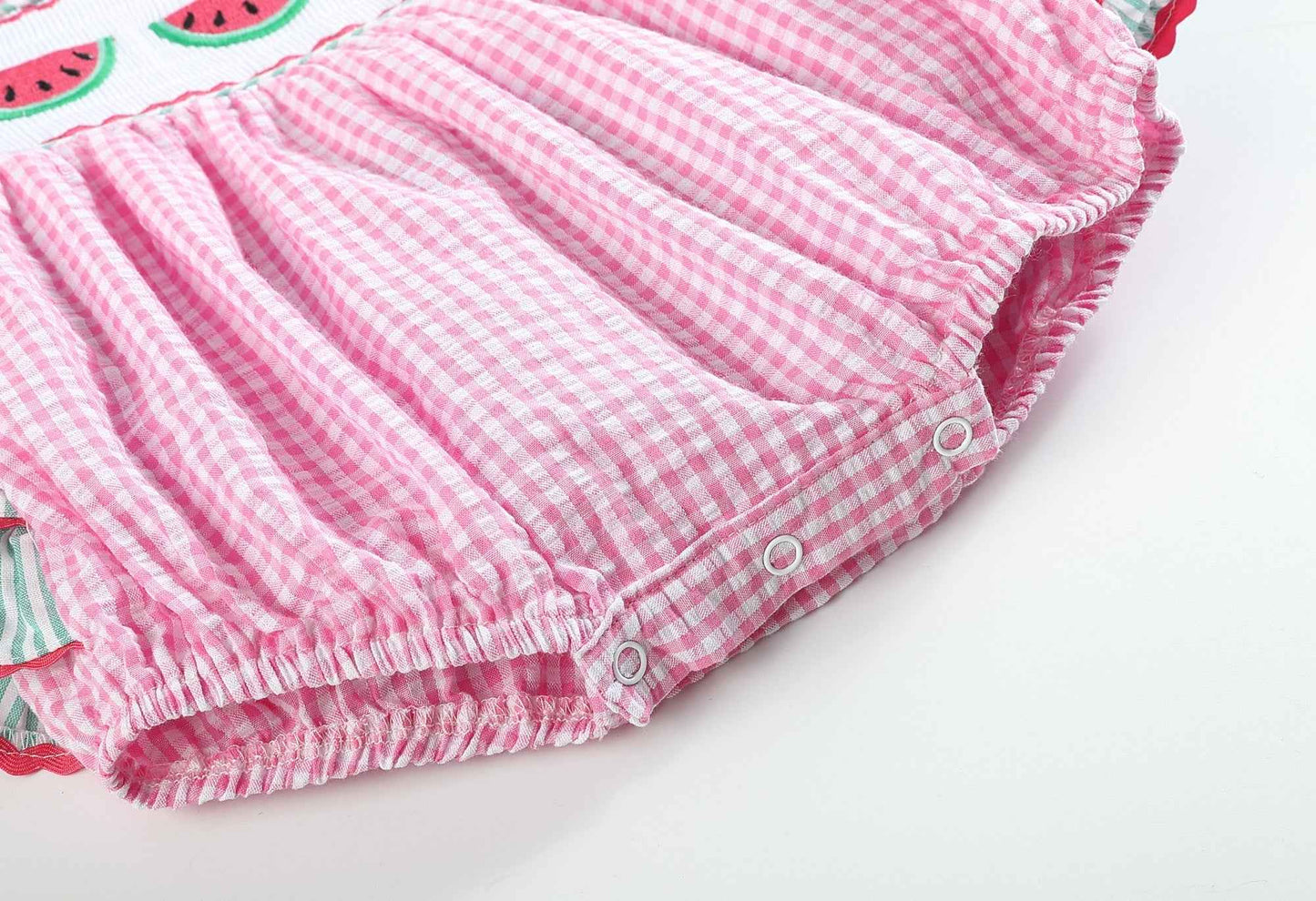 Pink and Green Watermelon Smocked Bubble Ruffle Romper - Abbies Place