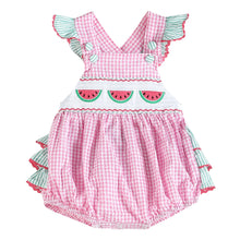 Load image into Gallery viewer, Pink and Green Watermelon Smocked Bubble Ruffle Romper
