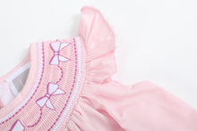 Load image into Gallery viewer, Pink and White Bows Smocked Bishop Dress
