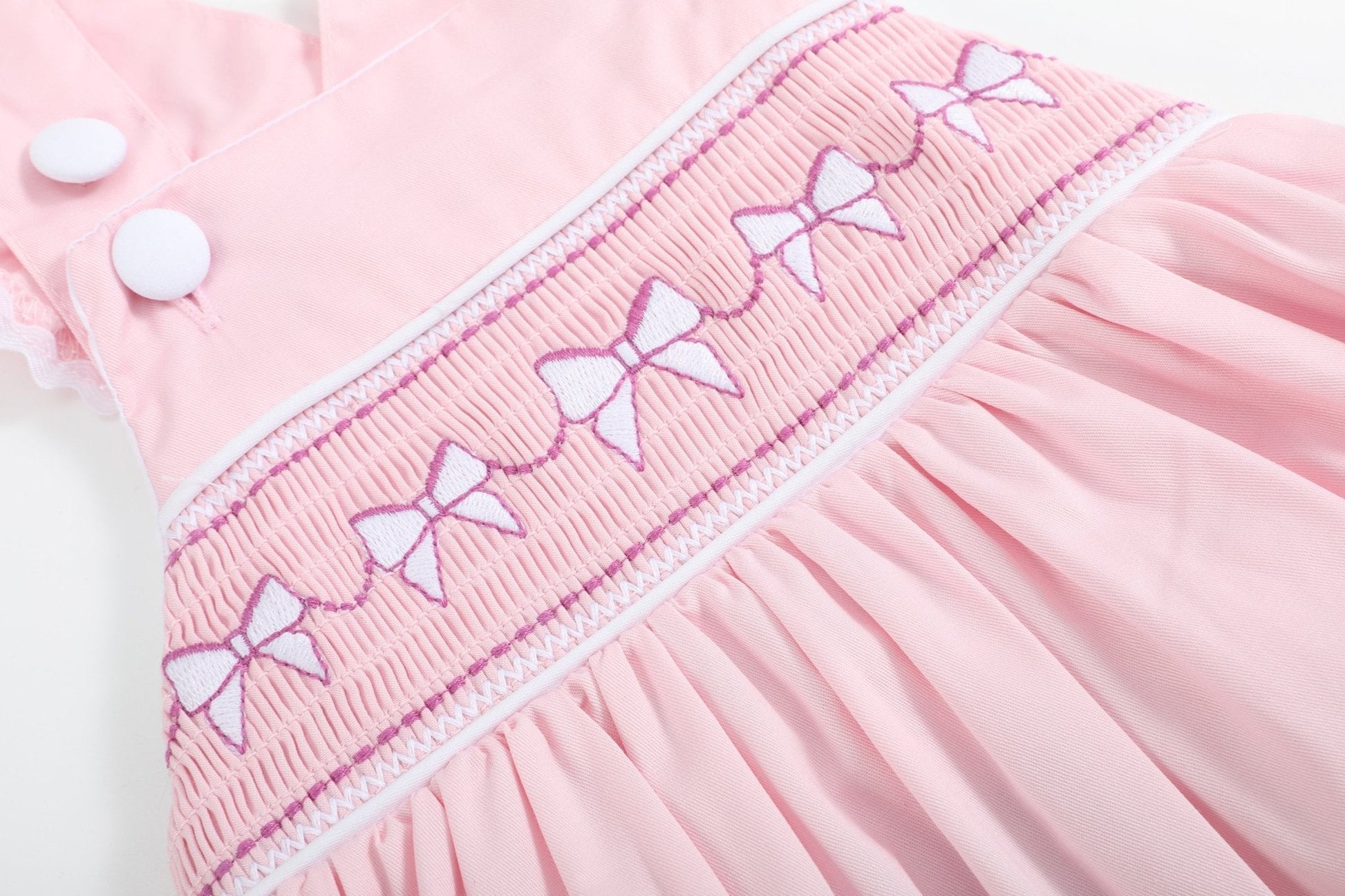 Pink and White bows Smocked Ruffle Romper - Abbies Place