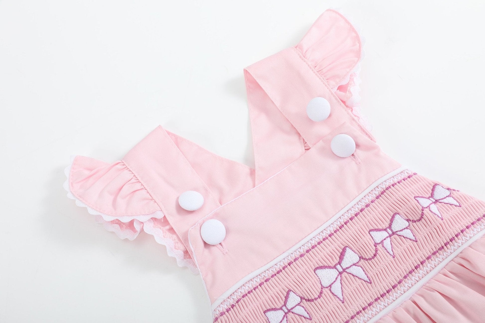 Pink and White bows Smocked Ruffle Romper - Abbies Place