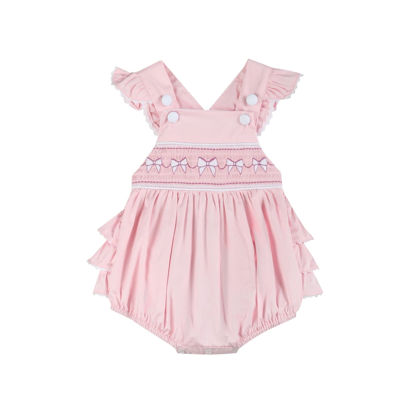Pink and White bows Smocked Ruffle Romper - Abbies Place