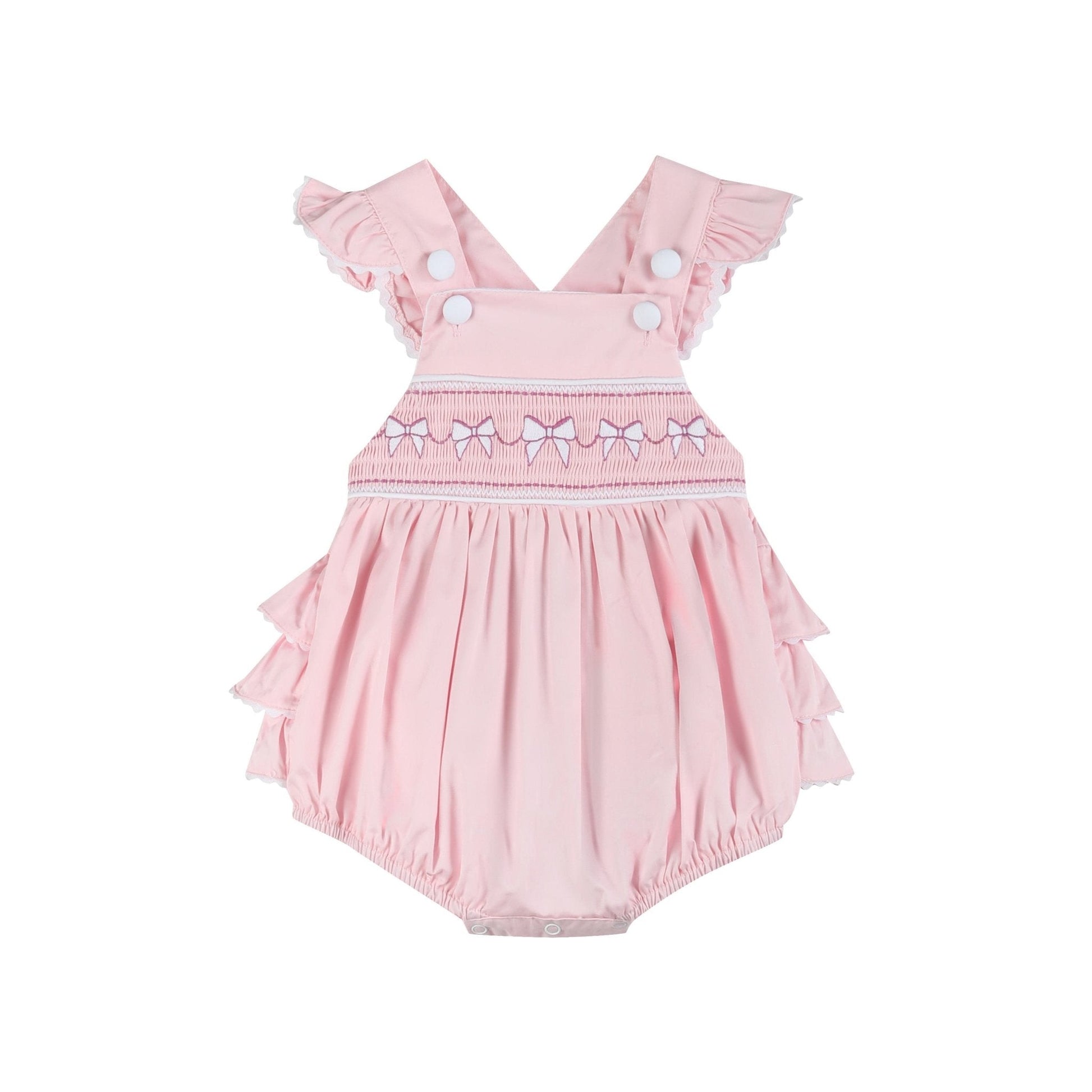 Pink and White bows Smocked Ruffle Romper - Abbies Place
