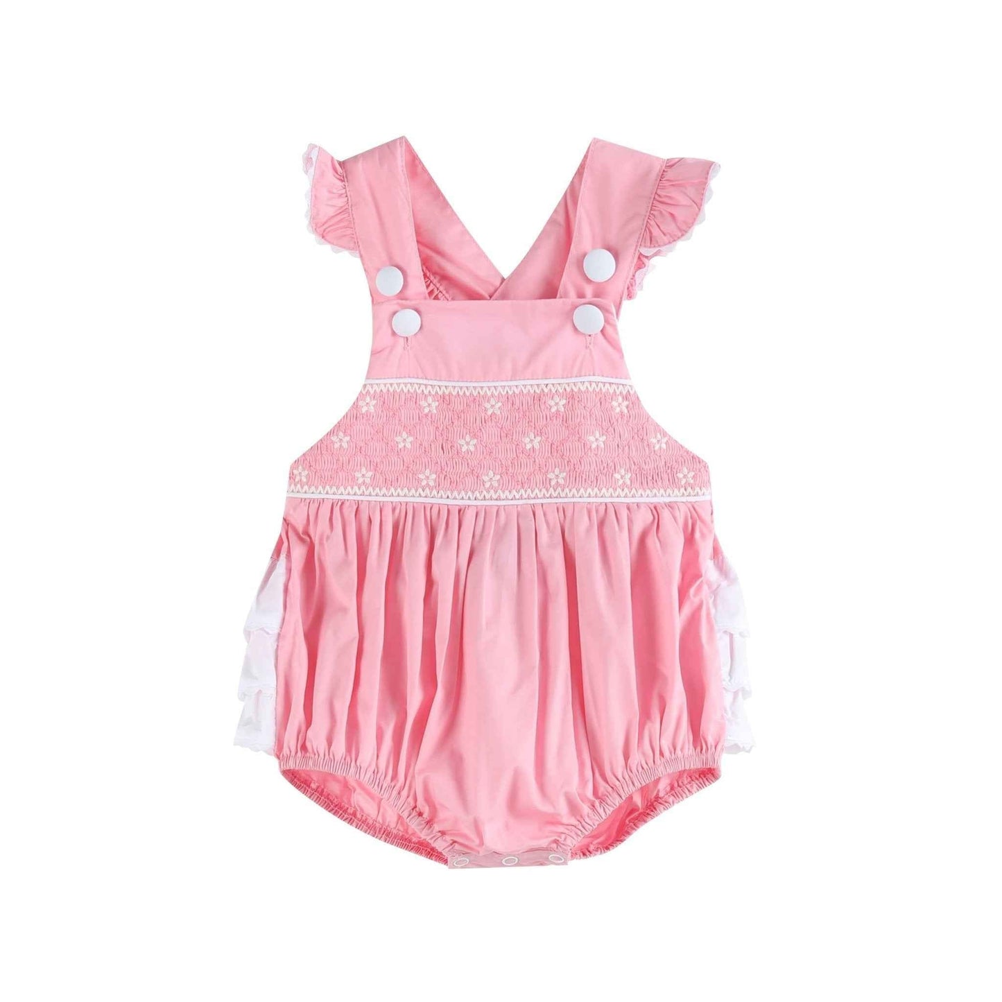 Pink and White Flower Smocked Ruffle Romper - Abbies Place