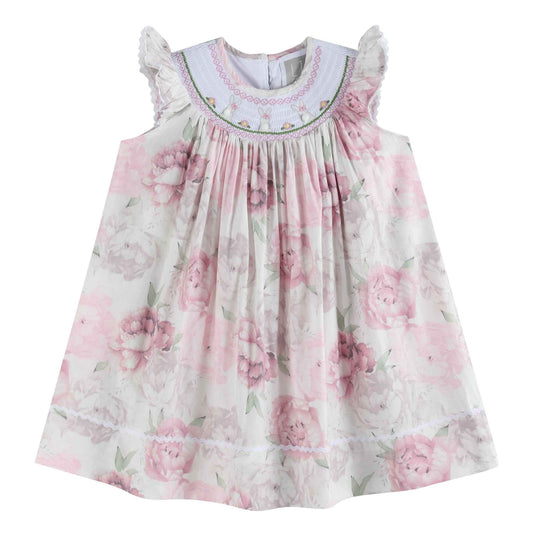 Pink and White Peony Bunny Smocked Bishop Dress - Abbies Place