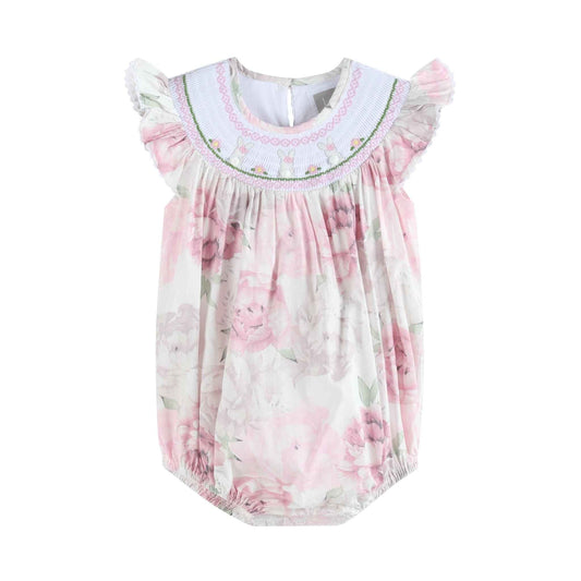 Pink and White Peony Bunny Smocked Flutter Romper - Abbies Place