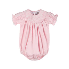Load image into Gallery viewer, Pink and White Smocked Bubble Romper

