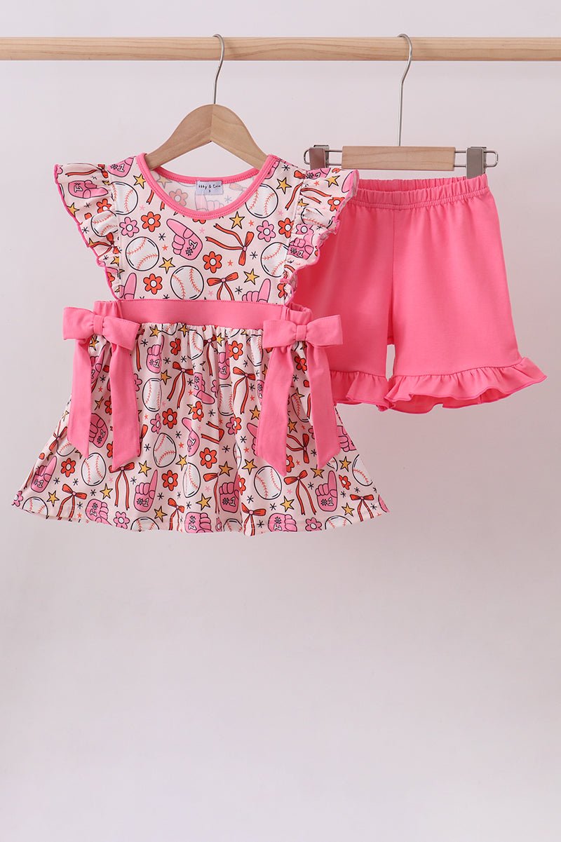 Pink baseball print ruffle shorts set - Abbies Place