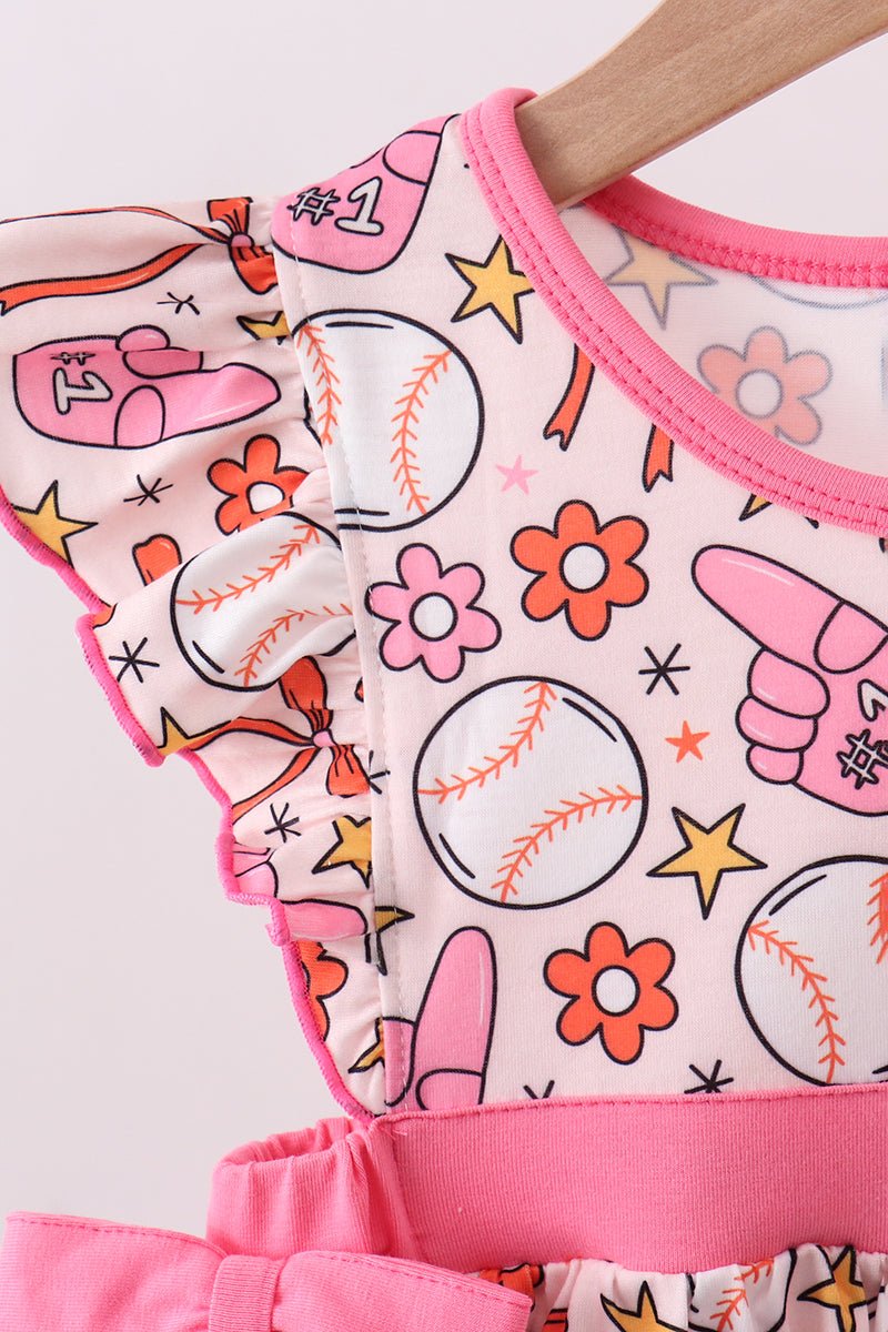 Pink baseball print ruffle shorts set - Abbies Place
