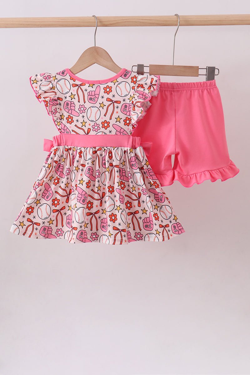 Pink baseball print ruffle shorts set - Abbies Place