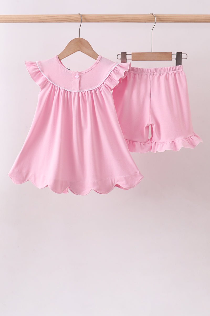Pink big sister embroidery ruffle shorts set - Abbies Place