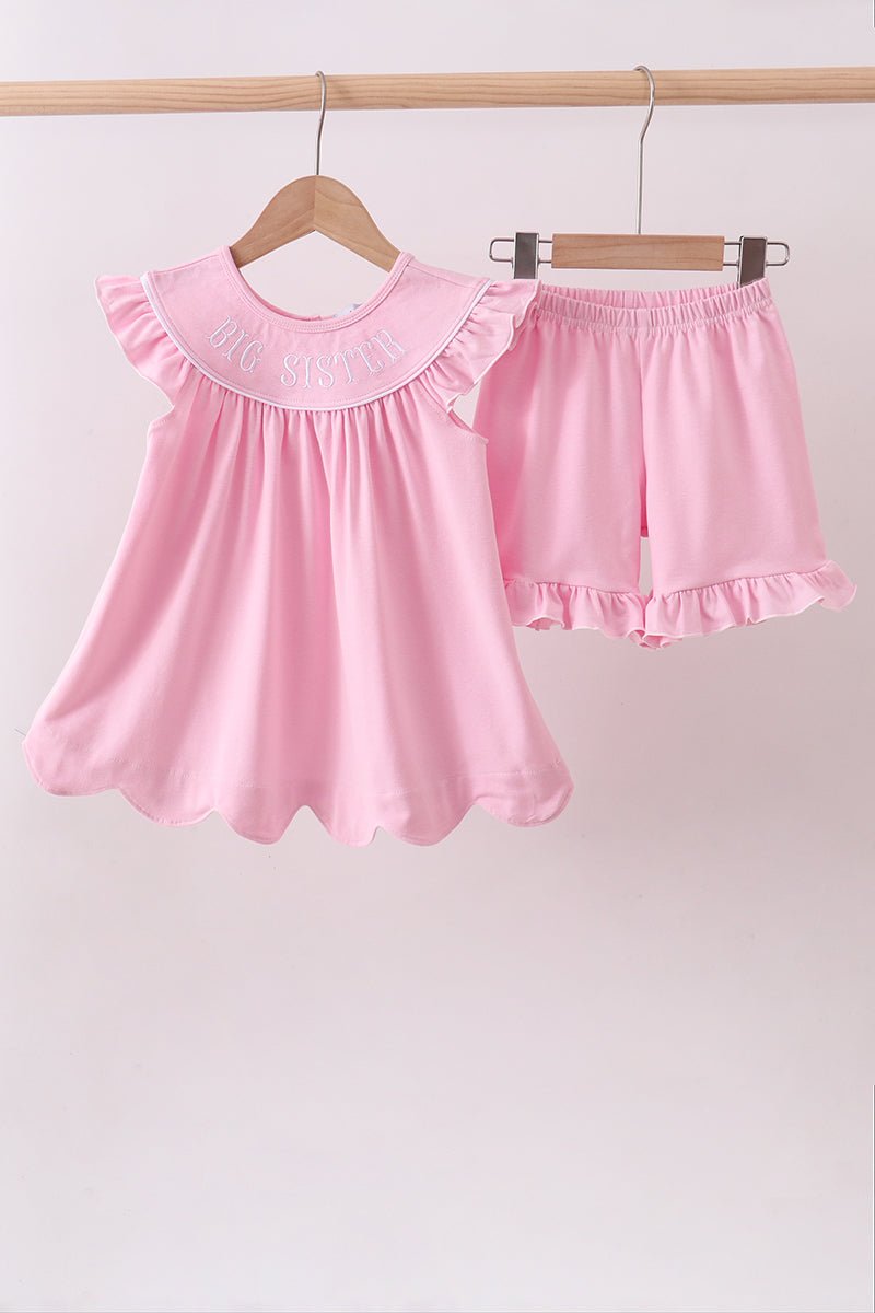 Pink big sister embroidery ruffle shorts set - Abbies Place
