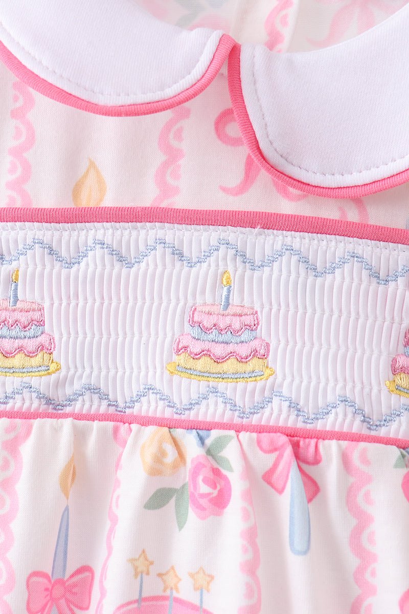 Pink birthday cake smocked bubble - Abbies Place