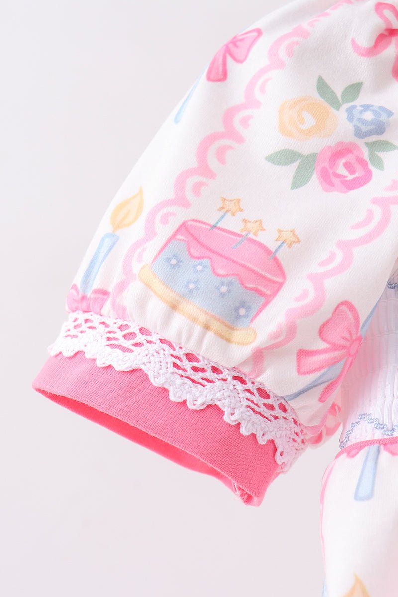 Pink birthday cake smocked bubble - Abbies Place