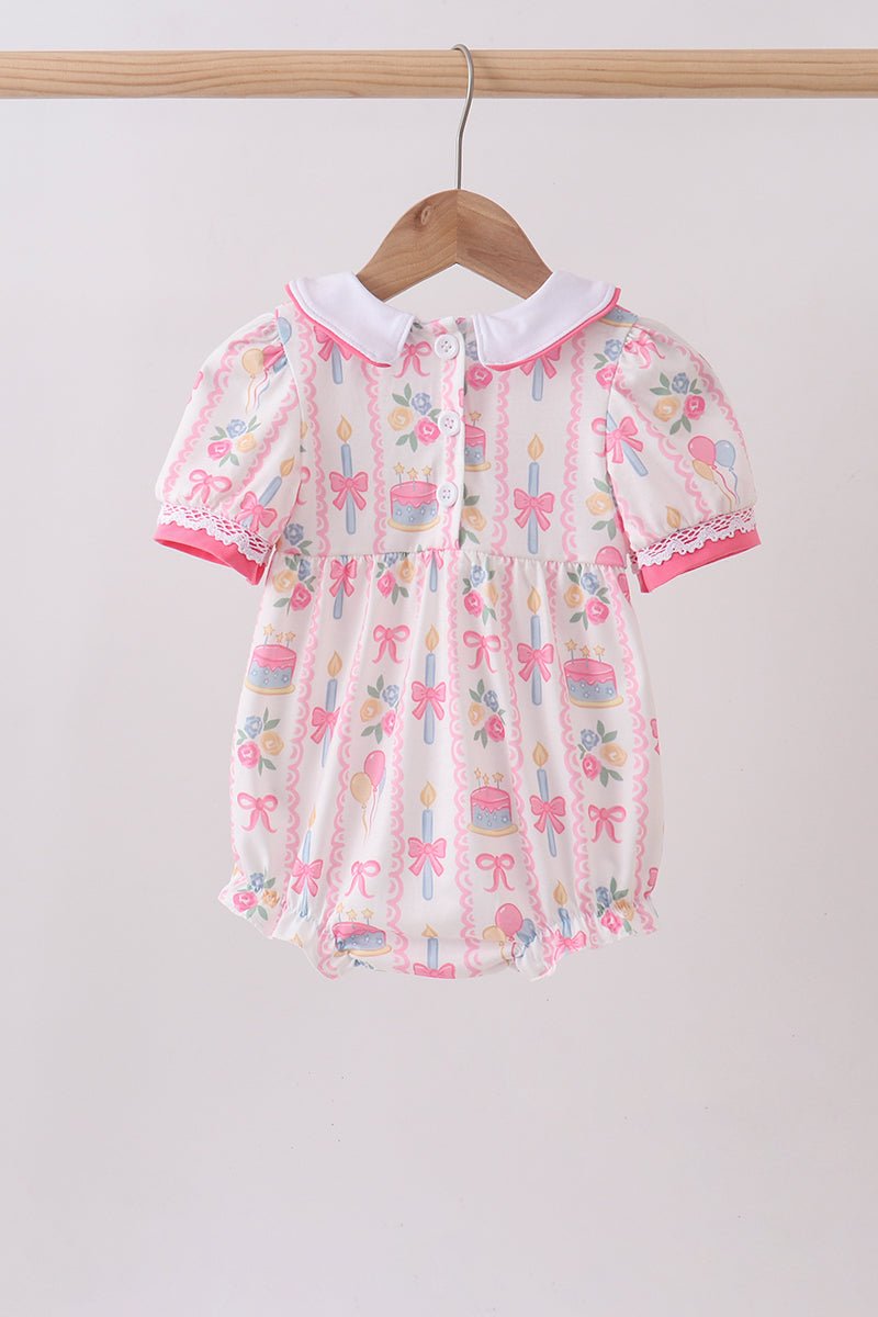 Pink birthday cake smocked bubble - Abbies Place