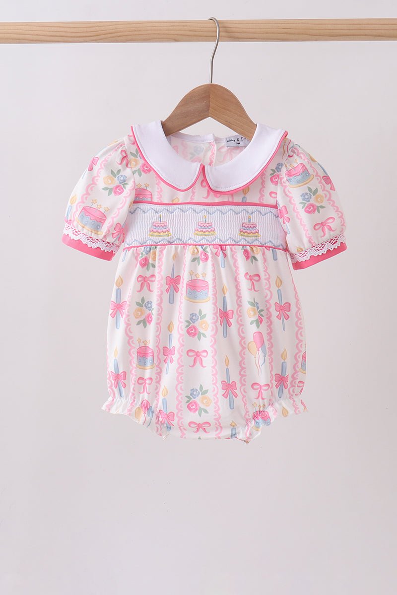 Pink birthday cake smocked bubble - Abbies Place