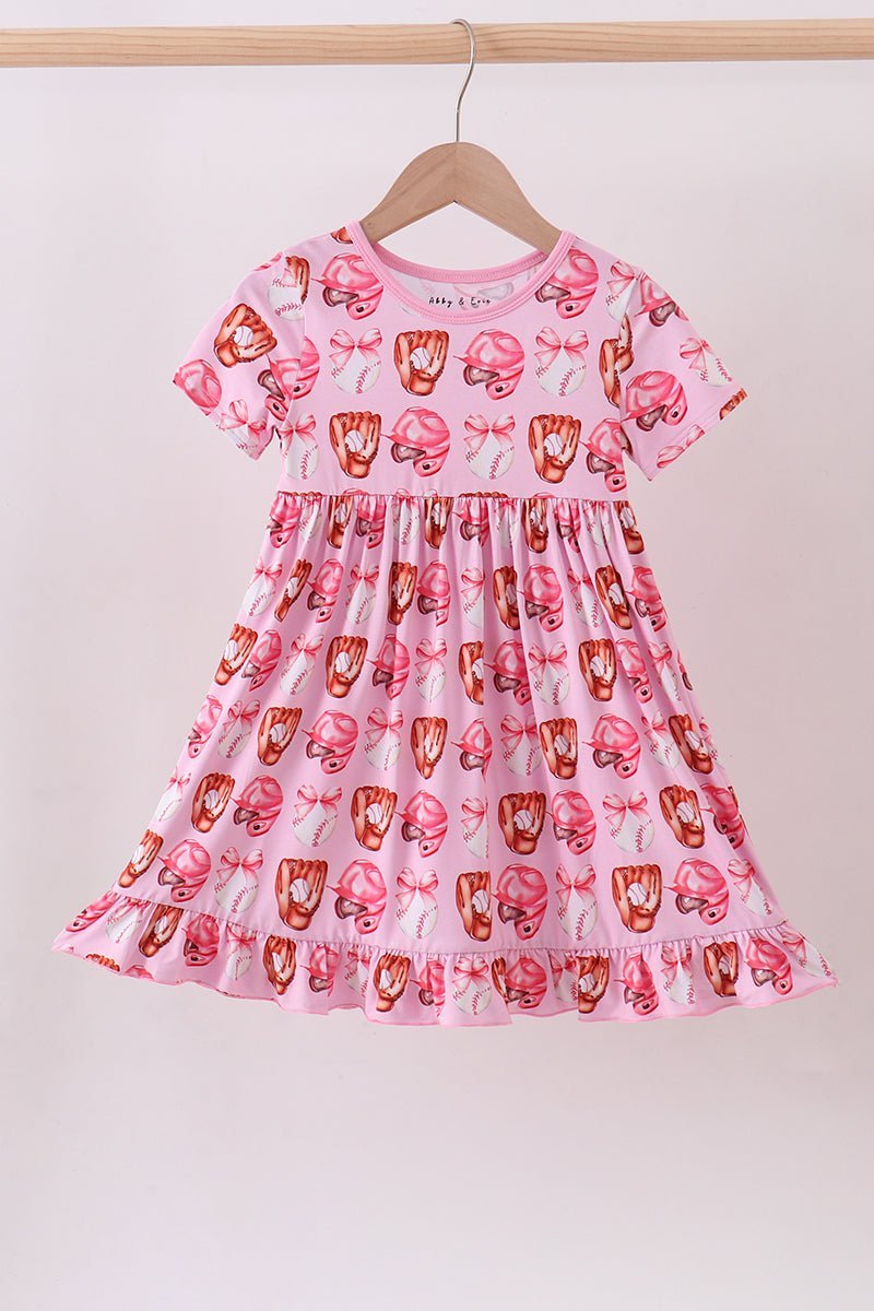 Pink bow baseball bamboo dress - Abbies Place