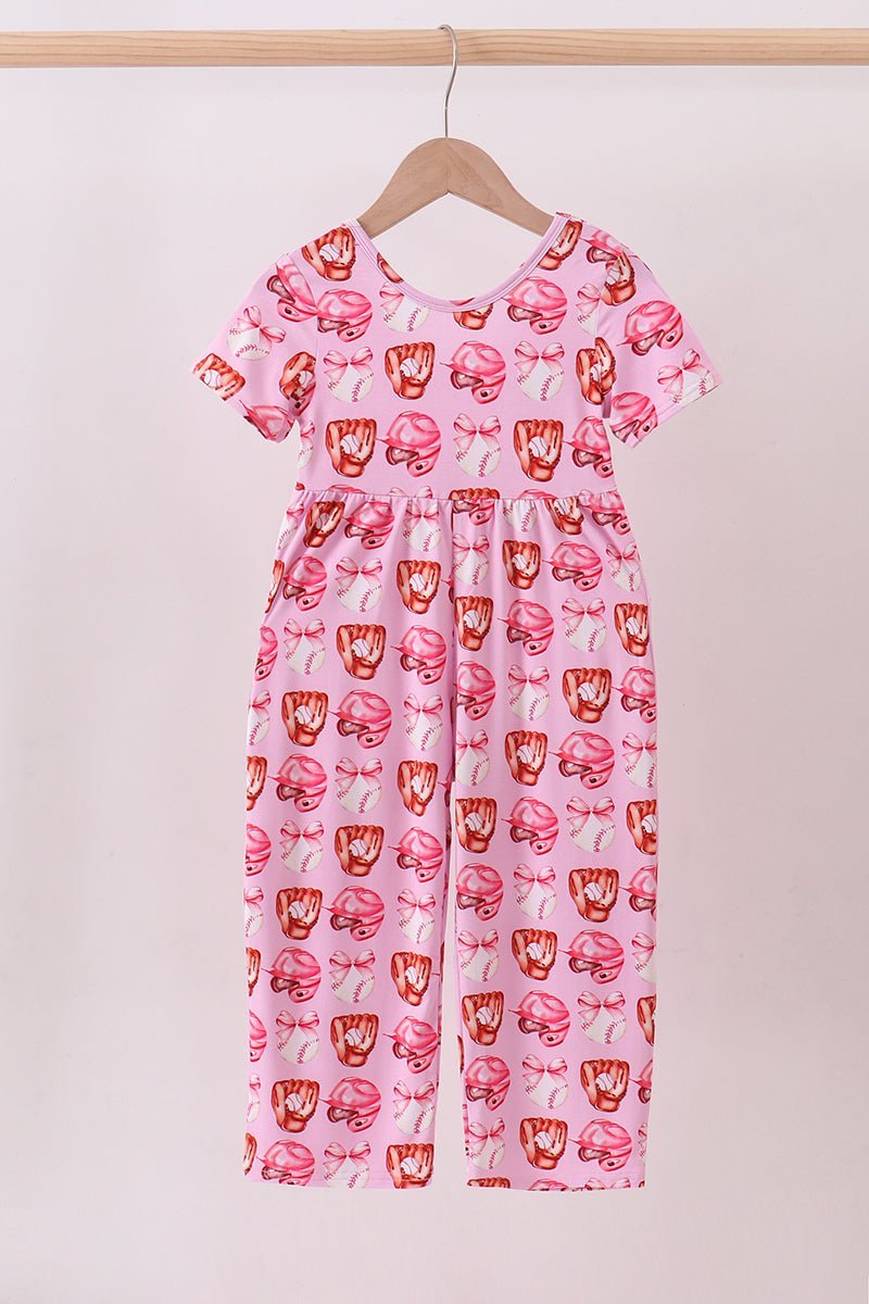 Pink bow baseball bamboo jumpsuit - Abbies Place
