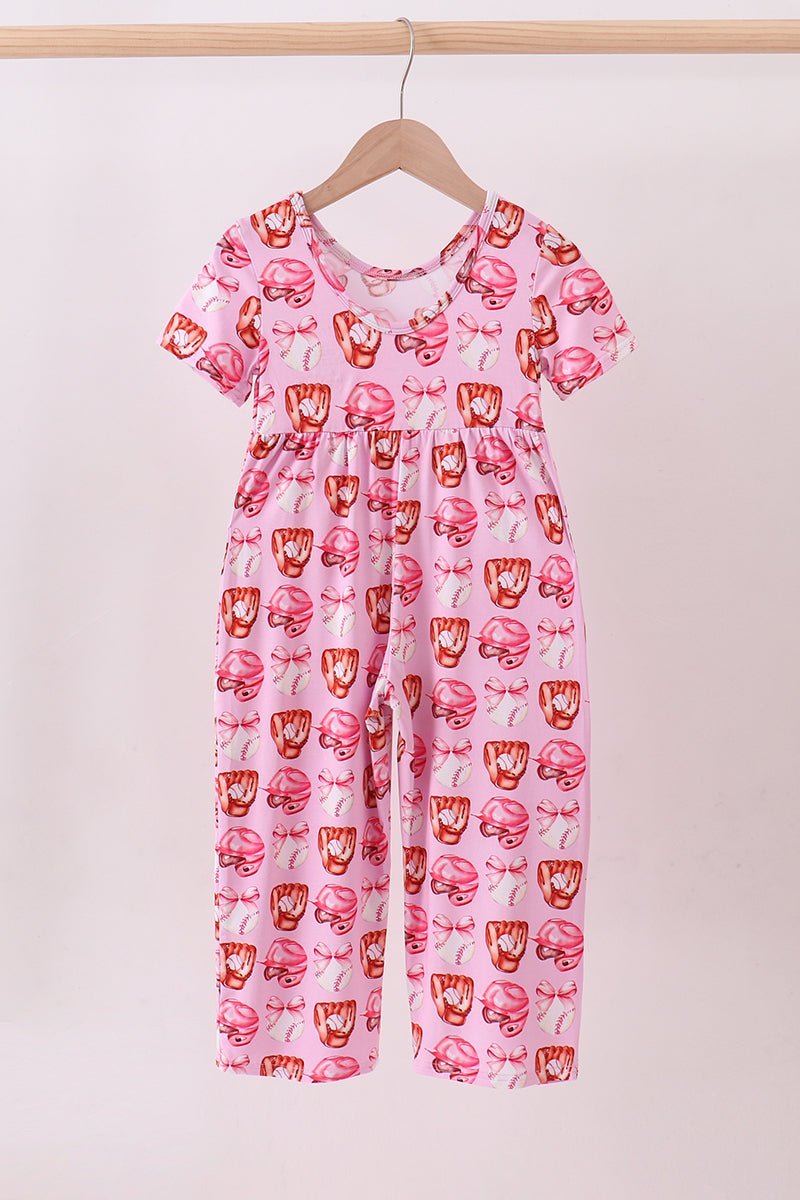 Pink bow baseball bamboo jumpsuit - Abbies Place