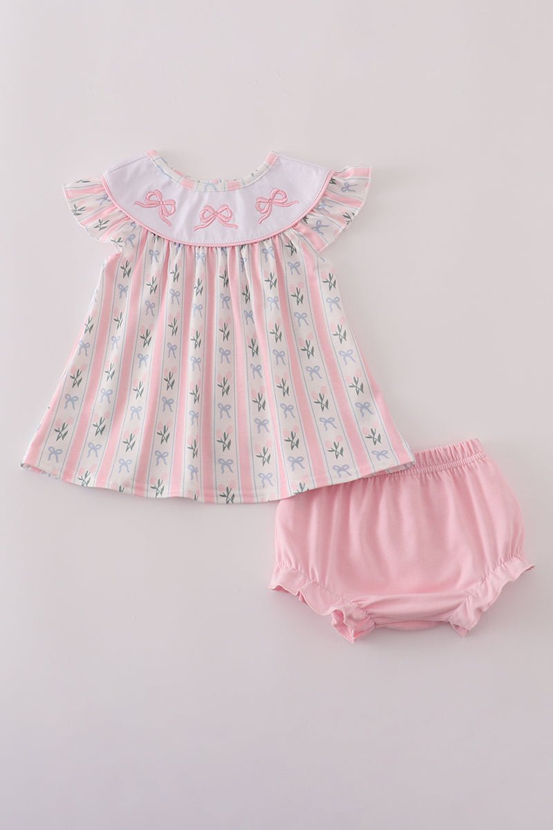 Pink Bow Embroidered Bow Bloomer Set - Abbies Place