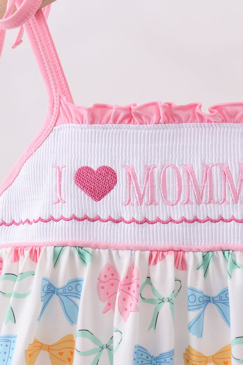 Pink bow I love MOMMY smocked ruffle dress - Abbies Place