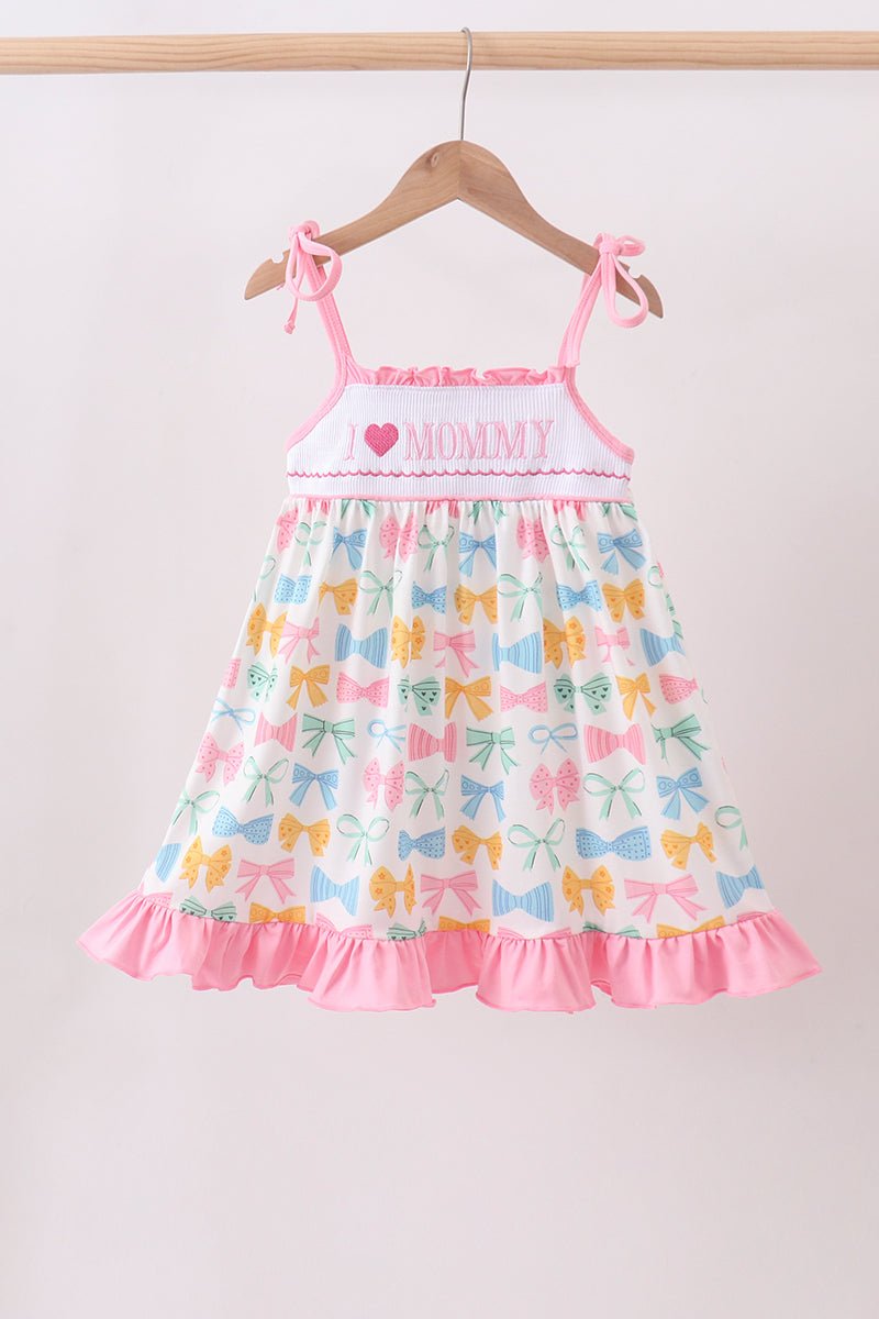 Pink bow I love MOMMY smocked ruffle dress - Abbies Place