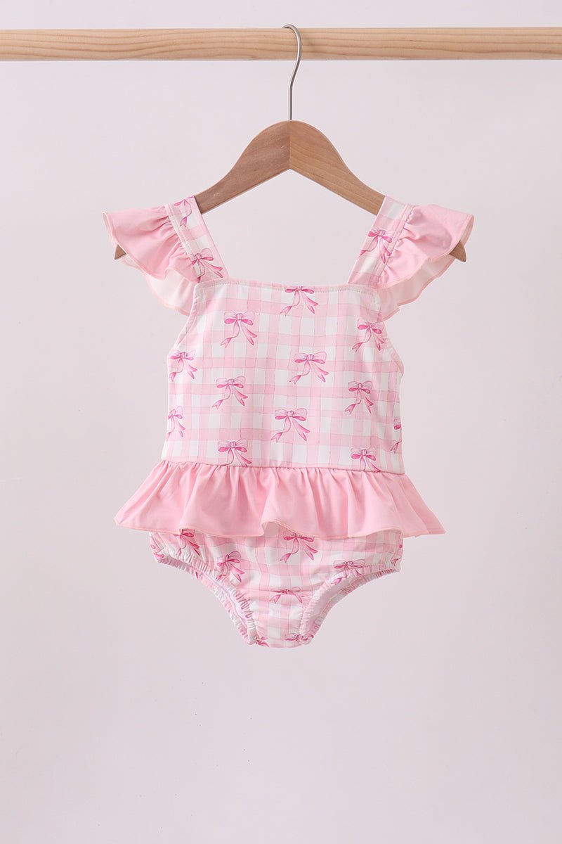 Pink bow print ruffle one-piece swimsuit - Abbies Place
