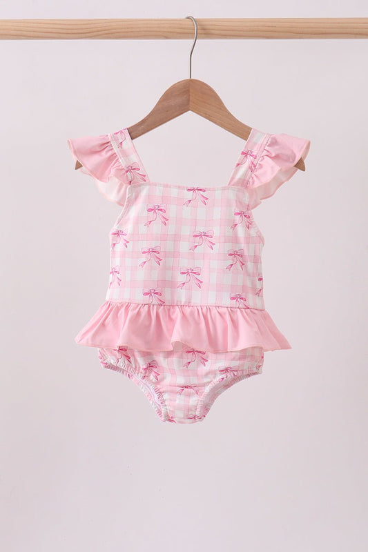Pink bow print ruffle one-piece swimsuit - Abbies Place