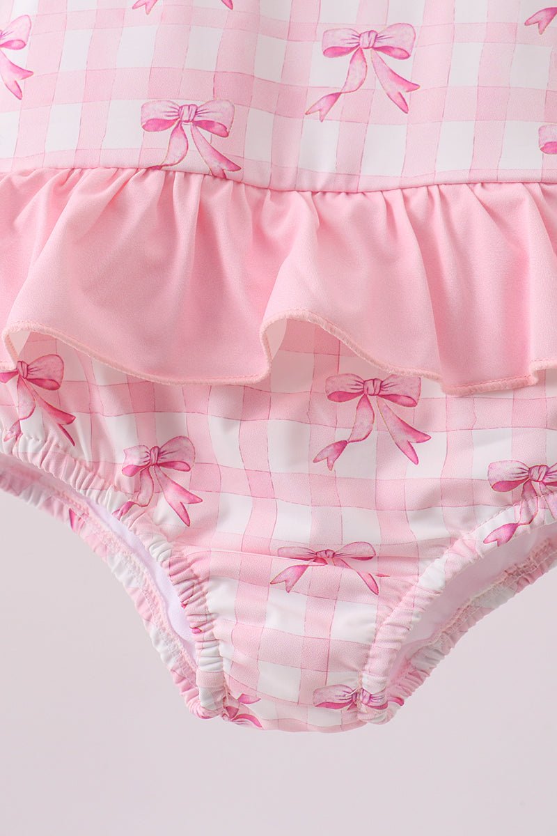 Pink bow print ruffle one-piece swimsuit - Abbies Place