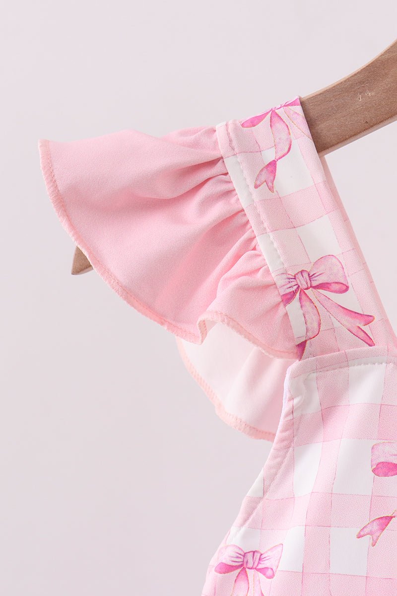 Pink bow print ruffle one-piece swimsuit - Abbies Place